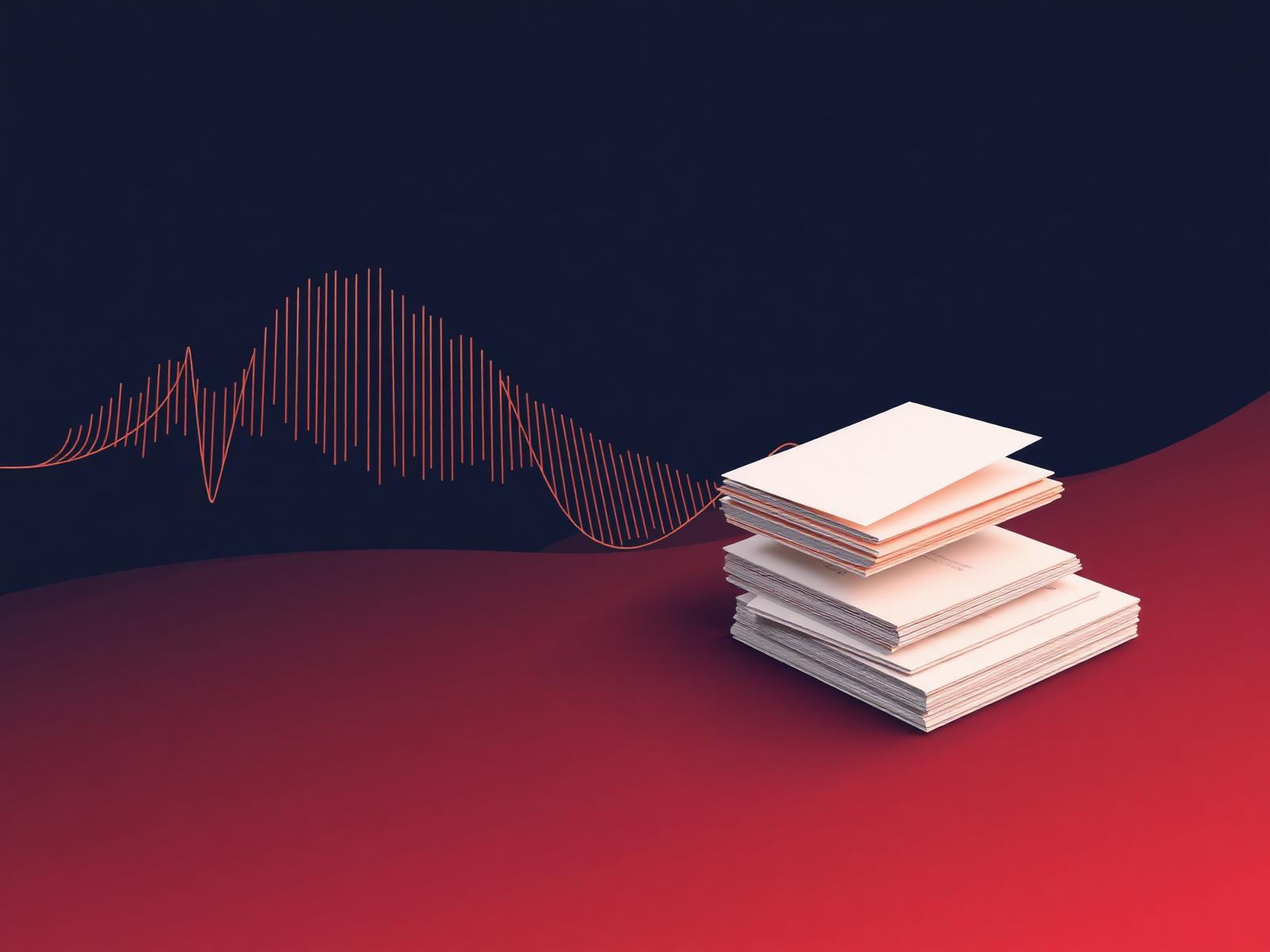 Audio waveforms transforming into a stack of organized summaries